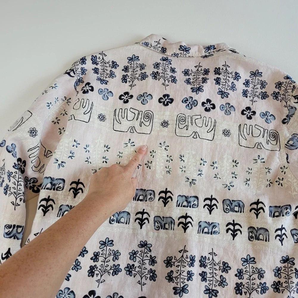 Garson Linen Pant Suit Set Size XS Blue and Cream Elastic Waist Button Top VTG - Picture 12 of 13